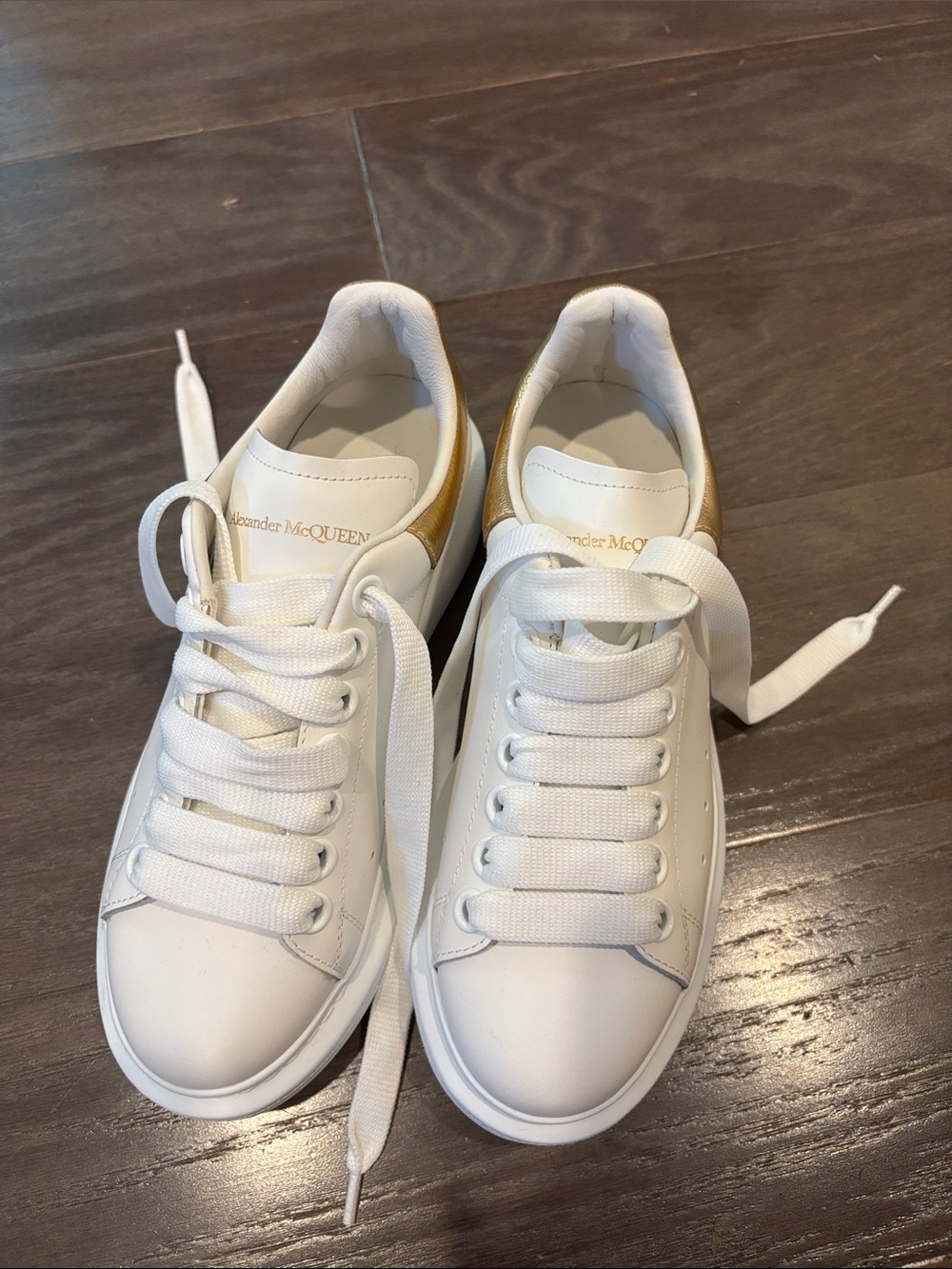 Alexander McQueen White Leather Sneakers with Gold Heel